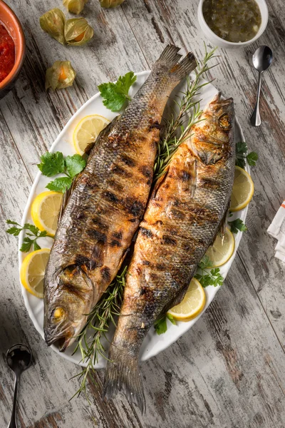 Grilled sea bass served on a plate — Stock Image Grilled sea bass served on a plate Stock Picture