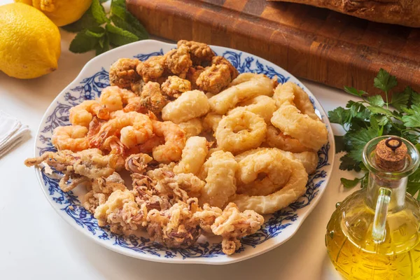 Various Fried Seafood Served Plate — Stock Photo, Image