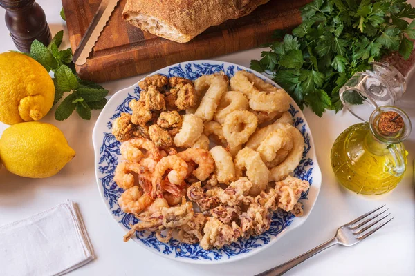 Various Fried Seafood Served Plate — Stock Photo, Image
