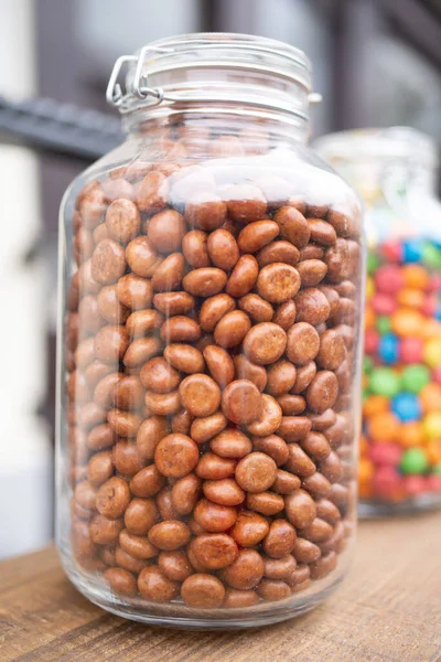 Big Jars Candies Wooden Shelf — Stock Photo, Image