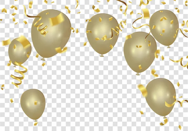 Globos de oro y pancarta de fiesta de confeti con serpentina — Vector de stock