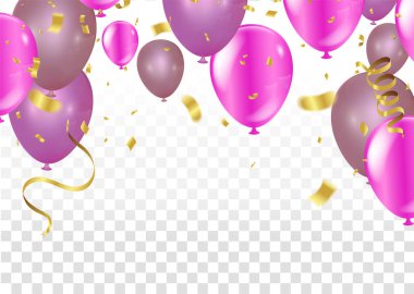 Balonlar, vektör illüstrasyonu. Konfeti ve kurdele, kutlama.