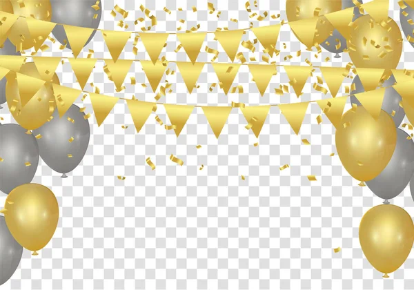 Gold balloons, confetti and streamers on white background. Vecto — Stock Vector