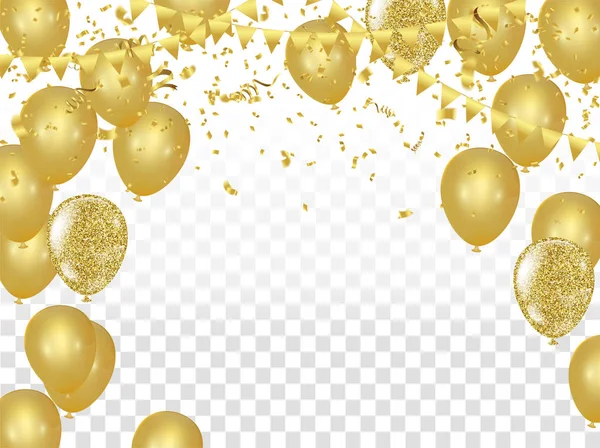 Banner de fiesta de celebración con globos de oro y serpentina el — Vector de stock