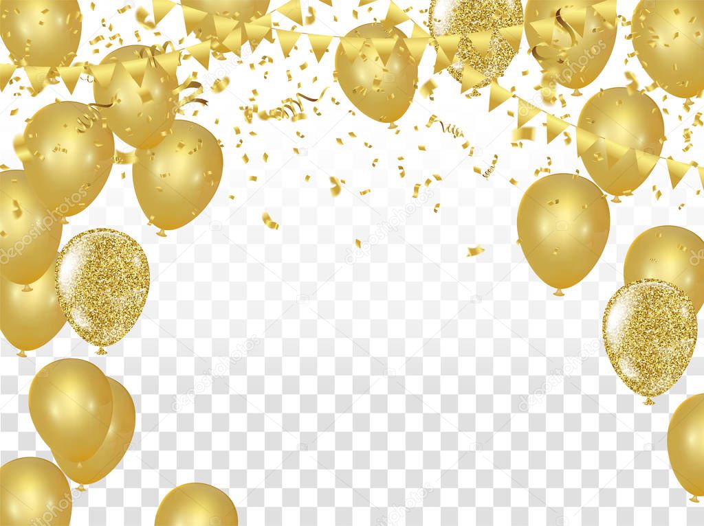 Celebration party banner with golden balloons and serpentine the