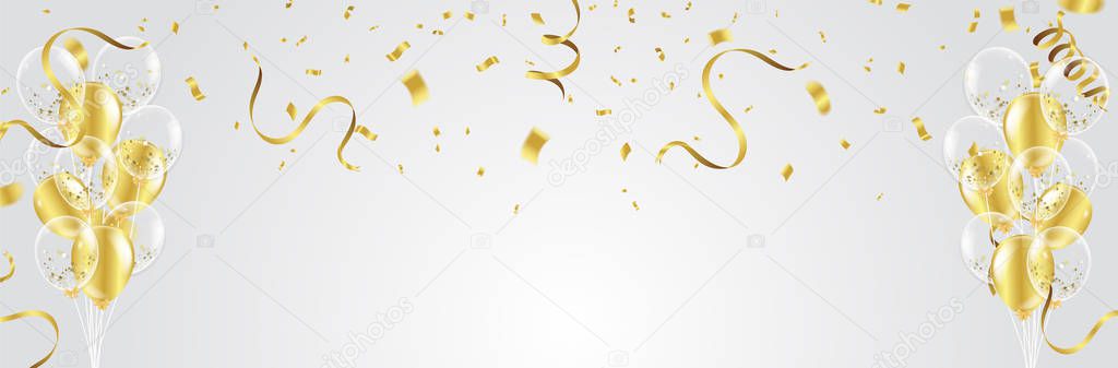 Gold balloons, confetti and streamers on white background. Vecto