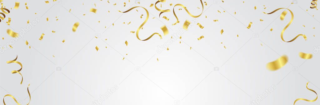 Gold balloons, confetti and streamers on white background. Vecto