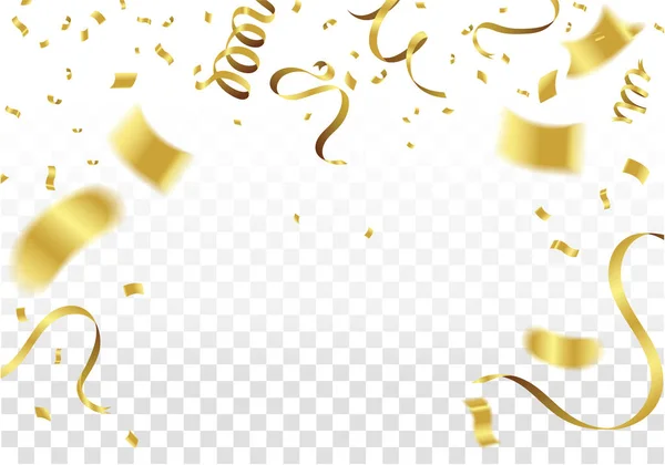 Muchos caen Golden Tiny Confetti y Ribbon. Festivo & Celebrat — Vector de stock
