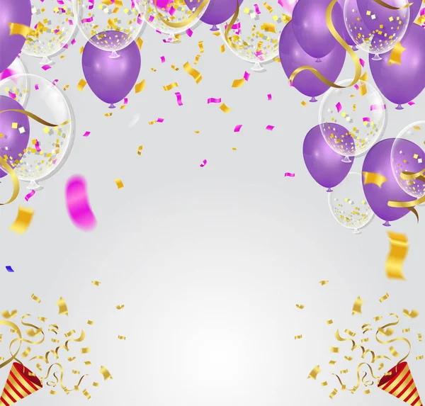 Μωβ μπαλόνια, confetti έννοια πρότυπο σχεδιασμού Ευτυχισμένο backgrou — Διανυσματικό Αρχείο