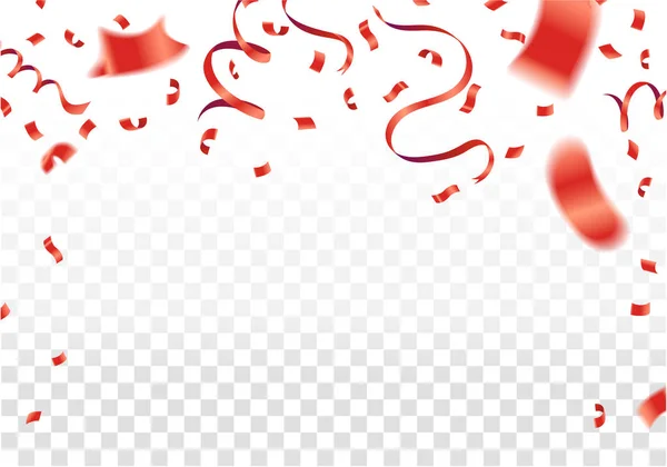 Confettis rouges, serpentine ou rubans tombant sur blanc transparent — Image vectorielle
