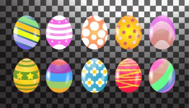 Farklı şekillerde izole edilmiş on renkli paskalya yumurtası koyun.