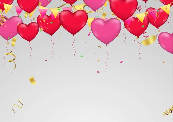 Globos rojos del corazón, ilustración vectorial. Confetti y cintas, C — Archivo Imágenes Vectoriales