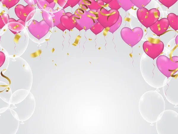Globos de corazón rojo y rosa, ilustración vectorial. Confetti y r — Vector de stock