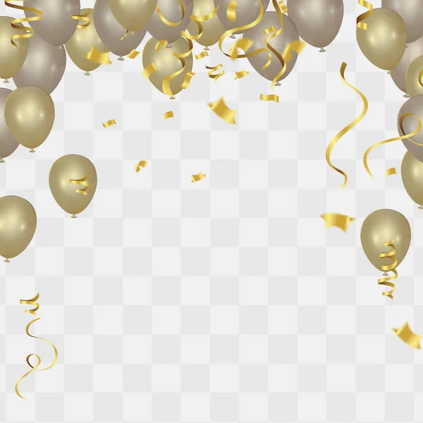 Gold balloons and confetti party background, concept design. Cel — Stock Vector