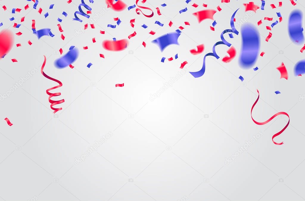 Celebration background template with confetti and ribbons red an