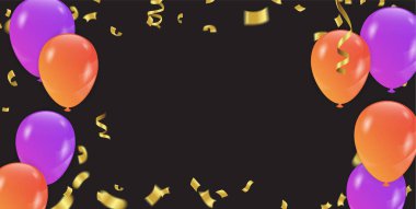 Mor, turuncu balonlar ve konfetilerle dolu bir arka plan. Vektör