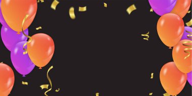 Mor, turuncu balonlar ve konfetilerle dolu bir arka plan. Vektör