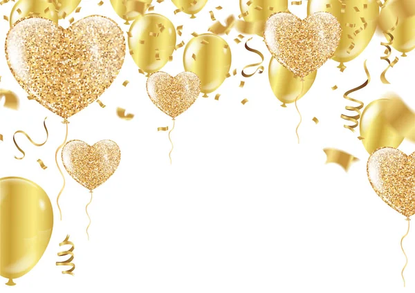 Złote balony w kształcie serca na tle kształtu — Wektor stockowy