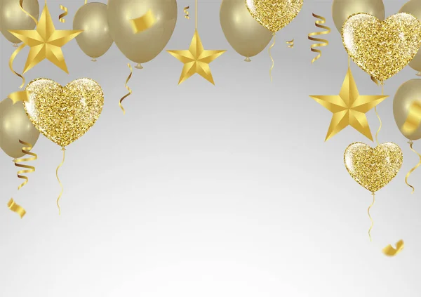 Balões em forma de estrela. aniversário cumprimentando estrelas douradas branco e —  Vetores de Stock