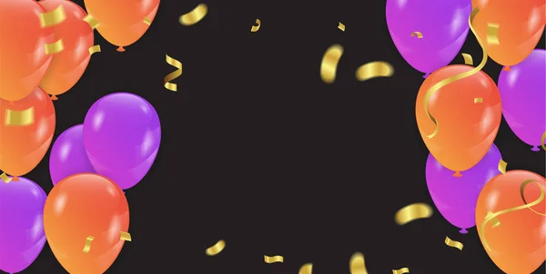 Arrière-plan avec des ballons violets et orange et confettis. Vecteur — Image vectorielle