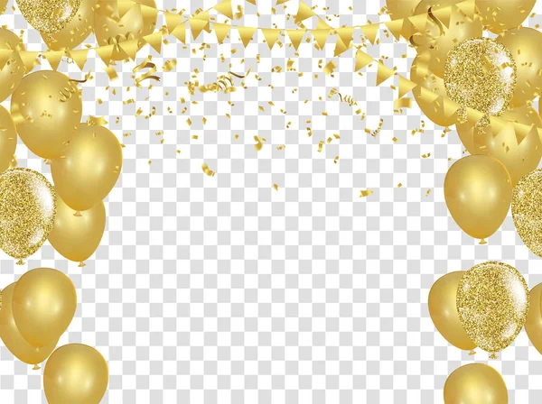 Ilustración de globos de fiesta vectorial. Confetti y cintas bandera ri — Vector de stock