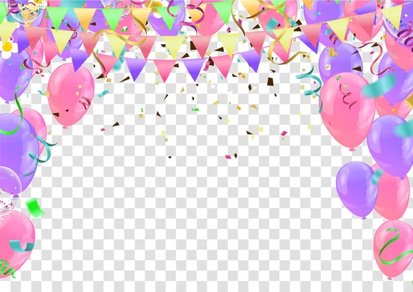 Färgglada födelsedagsballonger och konfetti festlig bakgrund Vect — Stock vektor