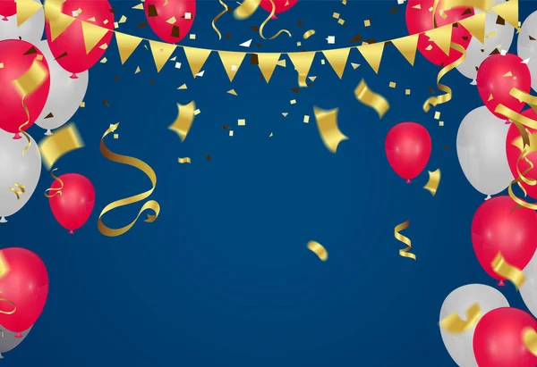 Banner festa de celebração com balões vermelhos e brancos nascimento feliz — Vetor de Stock