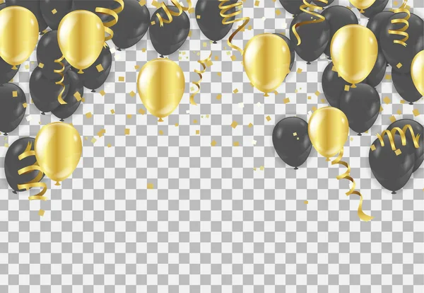 Globos dorados y negros, ilustración vectorial. Confetti y ribbo — Archivo Imágenes Vectoriales