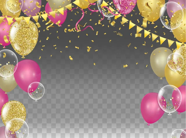 Sarı ve pembe metalik balonlar, üzerinde altın bayraklar ve konfetiler var.