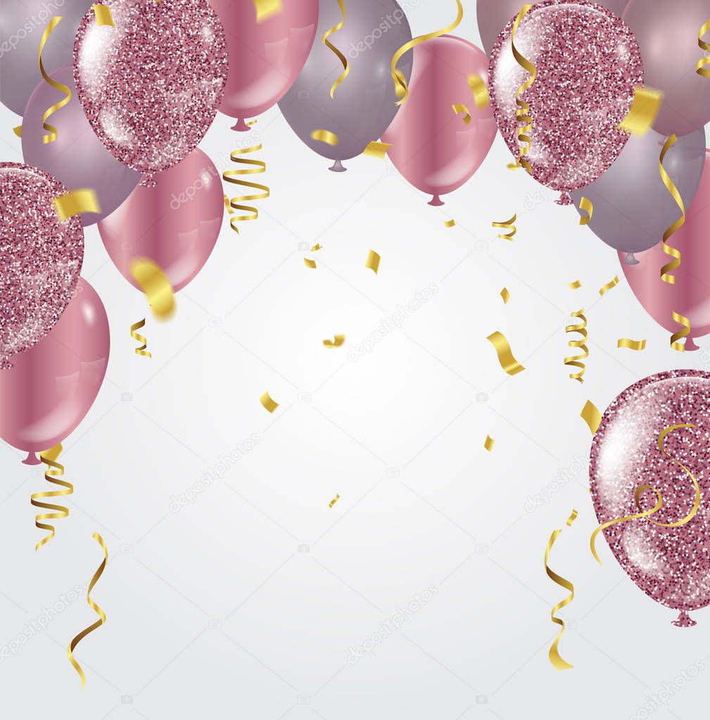 Vector party balloons illustration. Confetti and ribbons flag ri