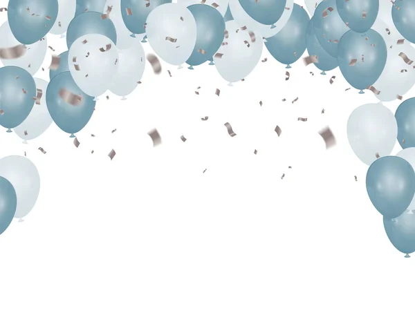 Ilustración de globos de fiesta vectorial. Confetti y cintas bandera ri — Archivo Imágenes Vectoriales