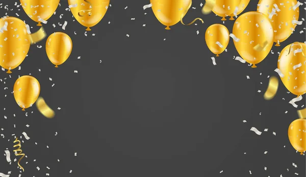 Altın balonlar, konfeti ve flamalar. Vektör illüstrasyonu.