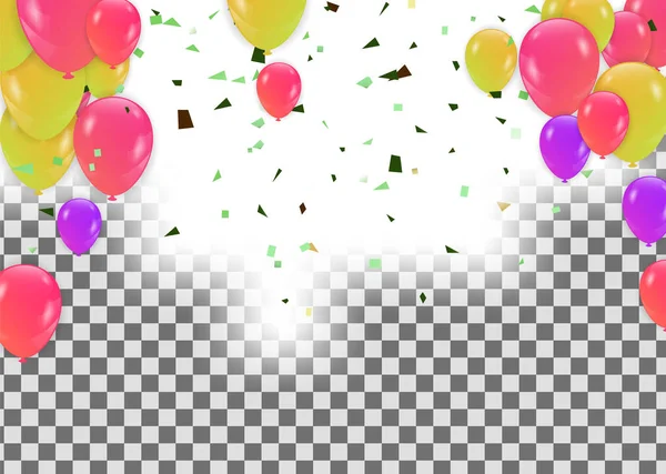 Confete colorido com fitas e balões no branco. Eps 10 — Vetor de Stock