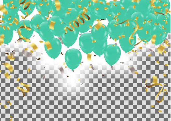 Vector happy birthday card with green balloons, party invitation — Stock Vector