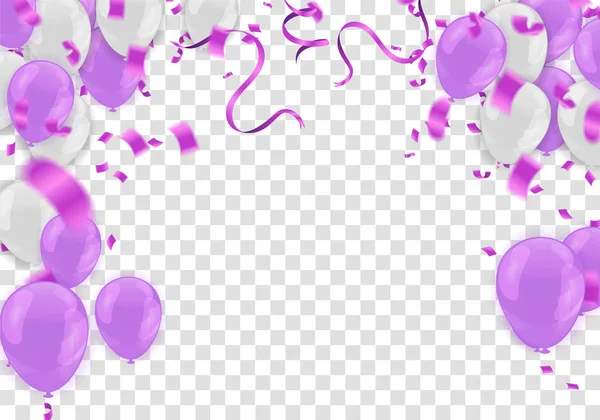 Ilustração de balões de festa vetorial. Confetti e fitas bandeira Ce — Vetor de Stock
