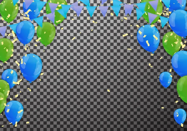 Banner de festa de celebração com fundo de balões verde e azul — Vetor de Stock