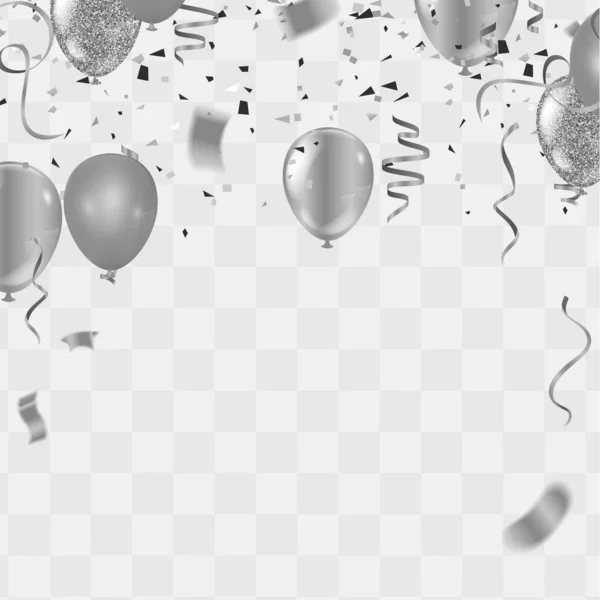 Beyaz arka planda gümüş balonlar, konfeti ve flamalar. Sebze