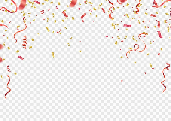 Confettis, serpentine ou rubans rouges et dorés tombant sur la tr blanche — Image vectorielle