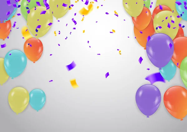 Joyeux anniversaire coloré. Annonce avec ballon, confettis et — Image vectorielle