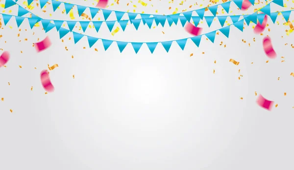 Ilustración de globos de fiesta. Cintas de bandera de confeti y cintas , — Vector de stock