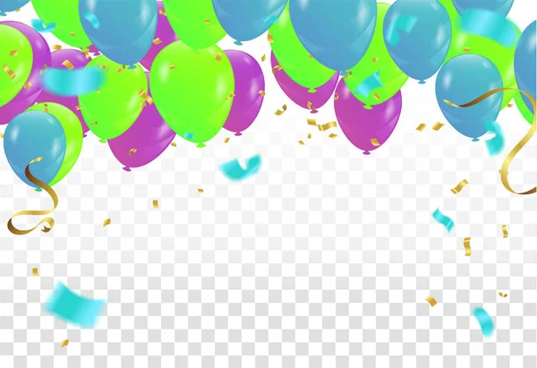 Ilustração de balões de festa vetorial. Confetti e fitas greetin —  Vetores de Stock