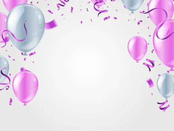 Illustration de ballons de fête Vector Pink. Confettis et rubans fl — Image vectorielle