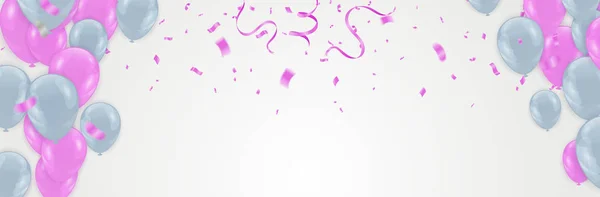 矢量粉色派对气球的例子。五彩纸屑和缎带 — 图库矢量图片