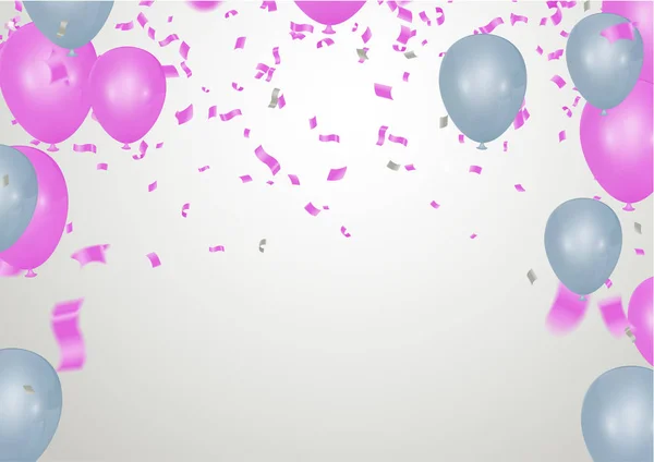 Illustrazione dei palloncini del partito rosa vettoriale. Confetti e nastri fl — Vettoriale Stock