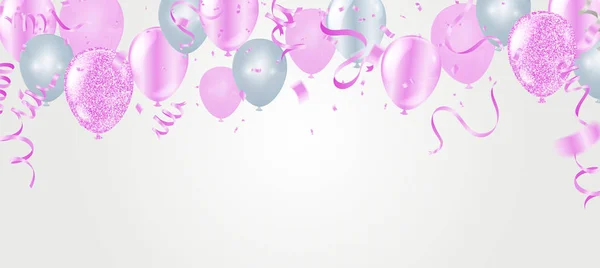 Vektor rózsaszín party léggömbök illusztráció. Konfetti és szalag fl — Stock Vector