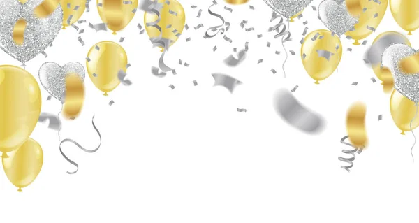 Festbanner mit goldenen Luftballons und Serpentinen — Stockvektor