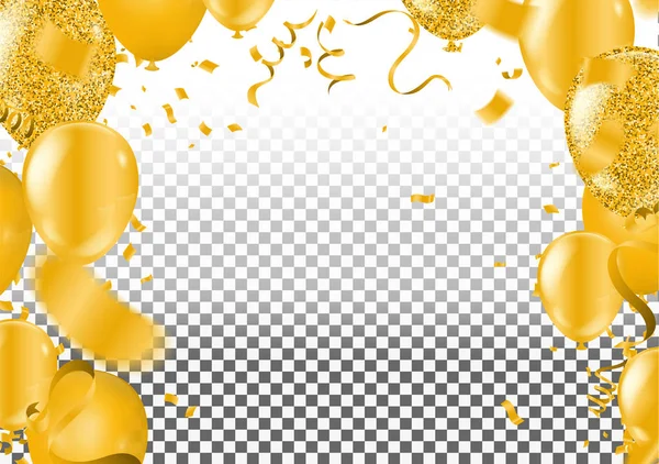 Gold confetti celebration party banner with golden balloons and