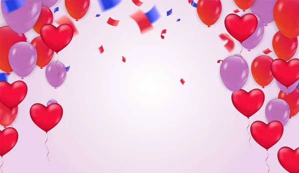 Hartballon Valentijnsdag Spandoek Sjabloon Met Confetti Helium Ballon Geïsoleerd Lucht — Stockvector