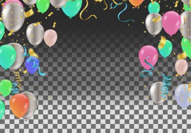 Üçgen parti bayrakları, konfeti ve Vektör illüstrasyonlu renkli balonlar. Karnaval harfleri. Mesajın için yer aç. Davetiye, poster, kart, banne için tasarım