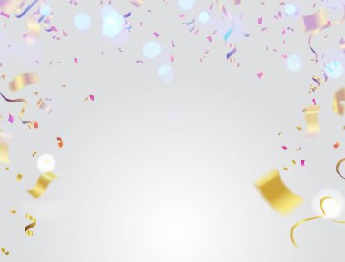 Konfeti ve kırmızı ve mavi kurdeleler ve kutlama şablonu, Mutlu yıllar vektörü